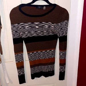 Black, gray, white, and brown striped sweater top